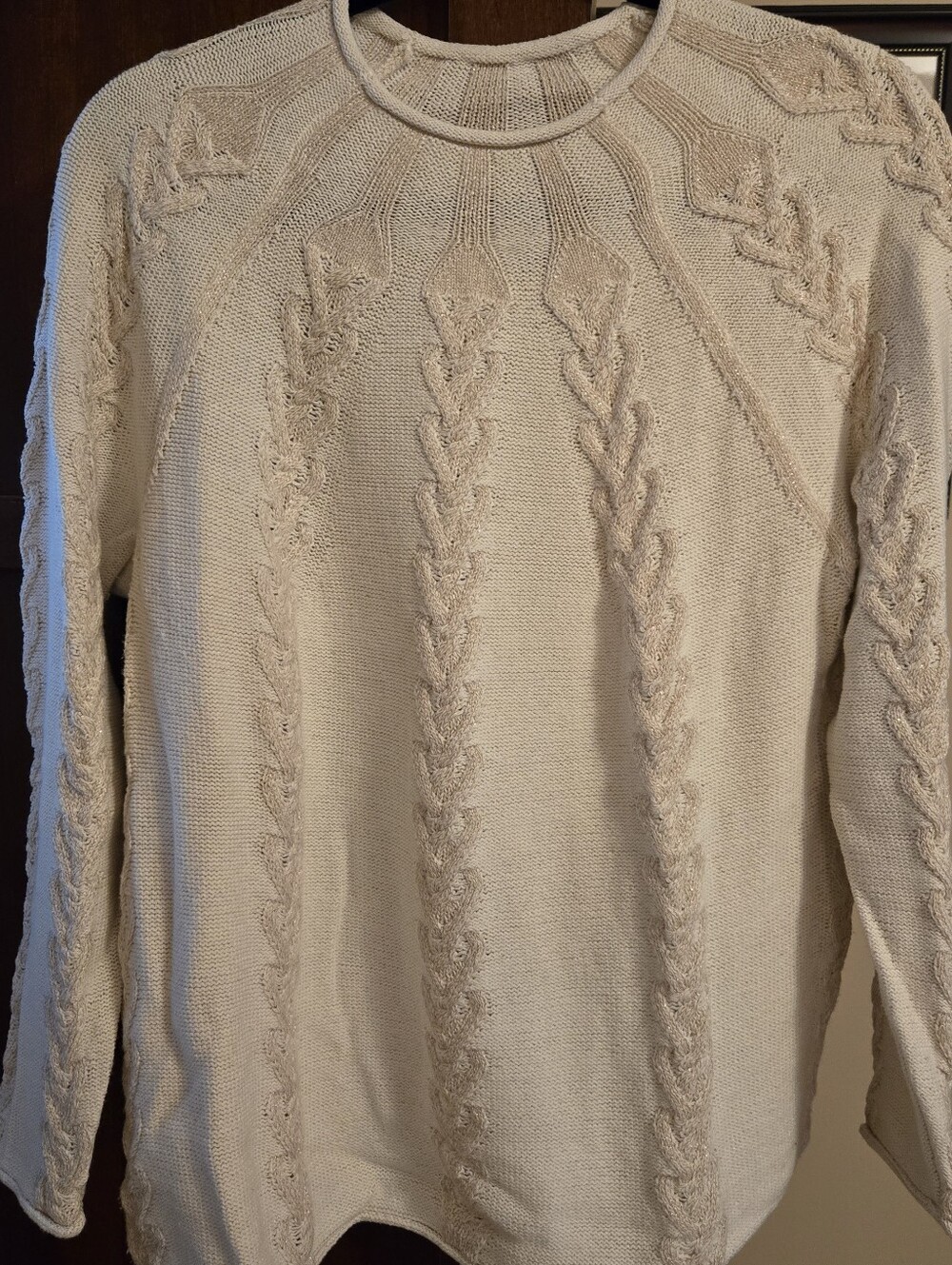 Chico's Cream Knit Metallic Shimmer Chevron Cable Pullover Sweater Size 2 Large